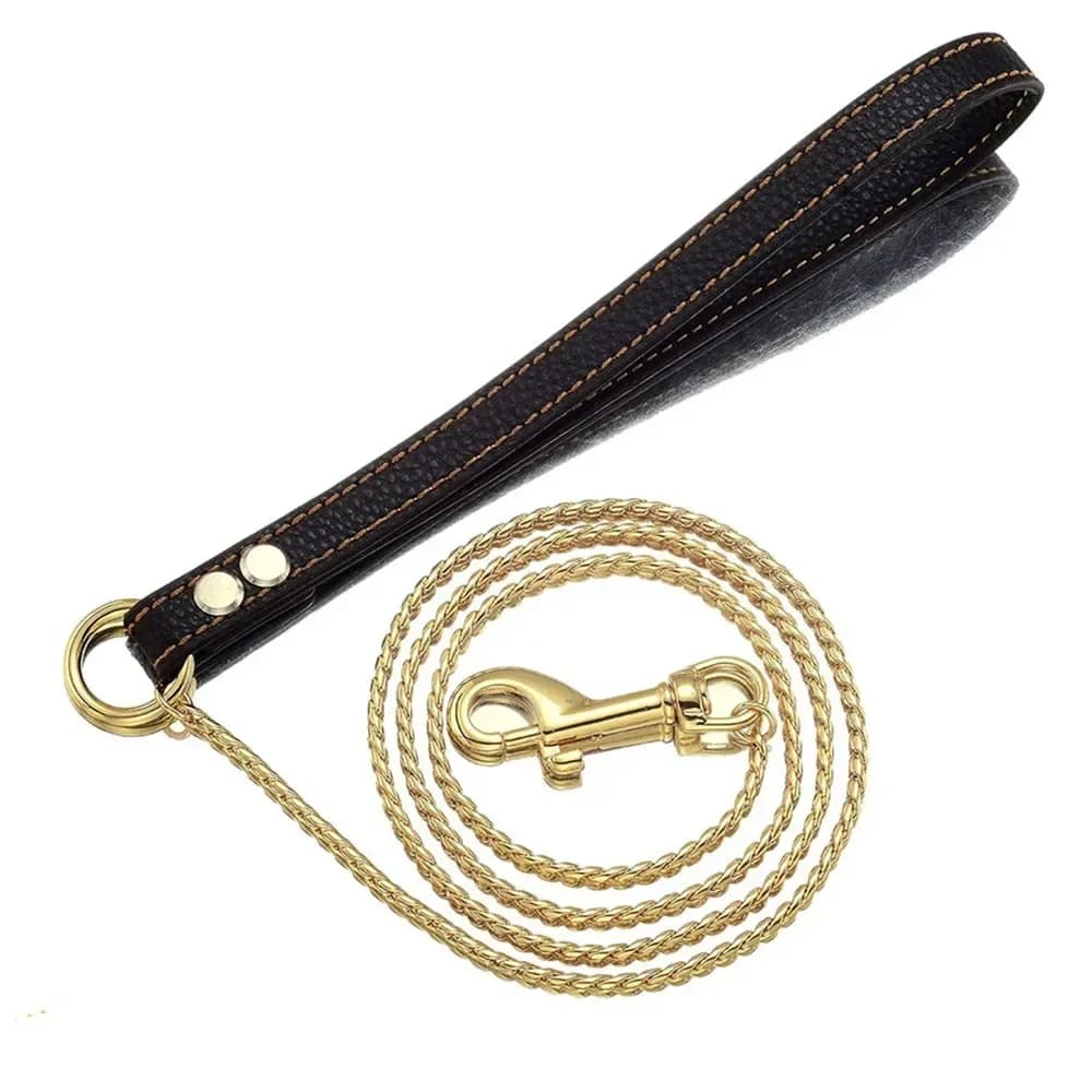Gold Snake Chain Dog Leash 4MM Chewy Lightweight Dog Leash Chains with Leather Padded Handle for Small Medium Dogs Collar Chain
