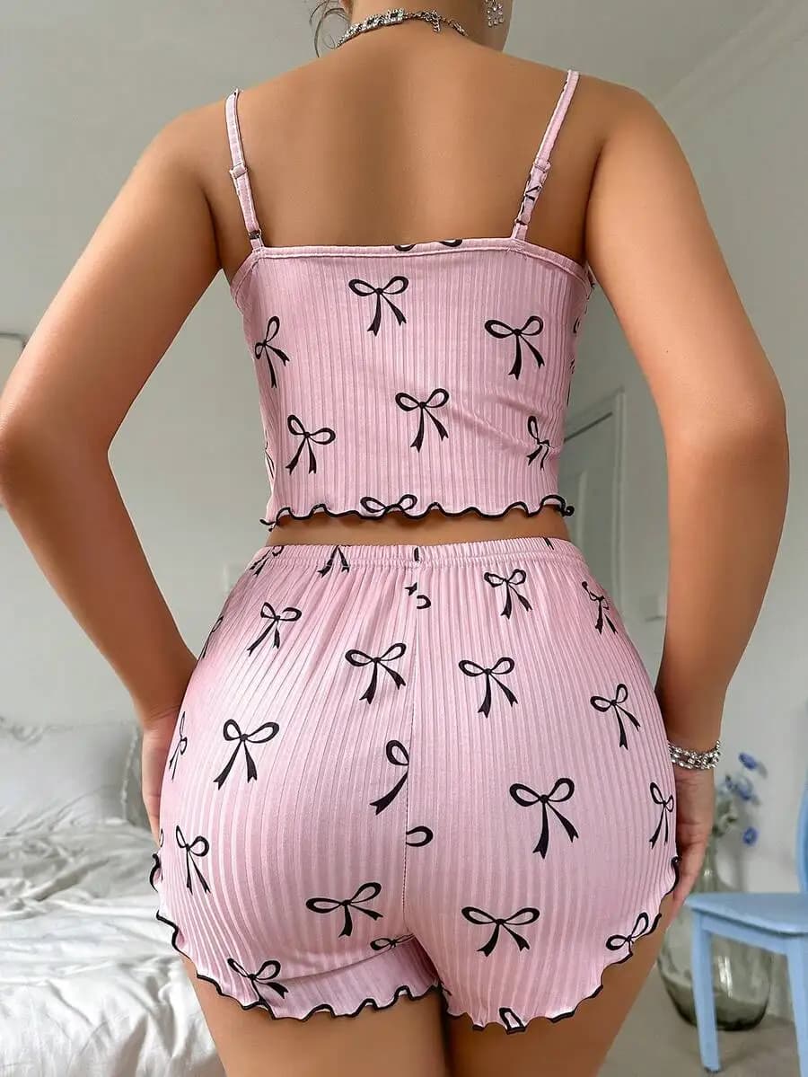 Pink Bow Print Ribbed Camisole And Shorts Pajama Set For Women