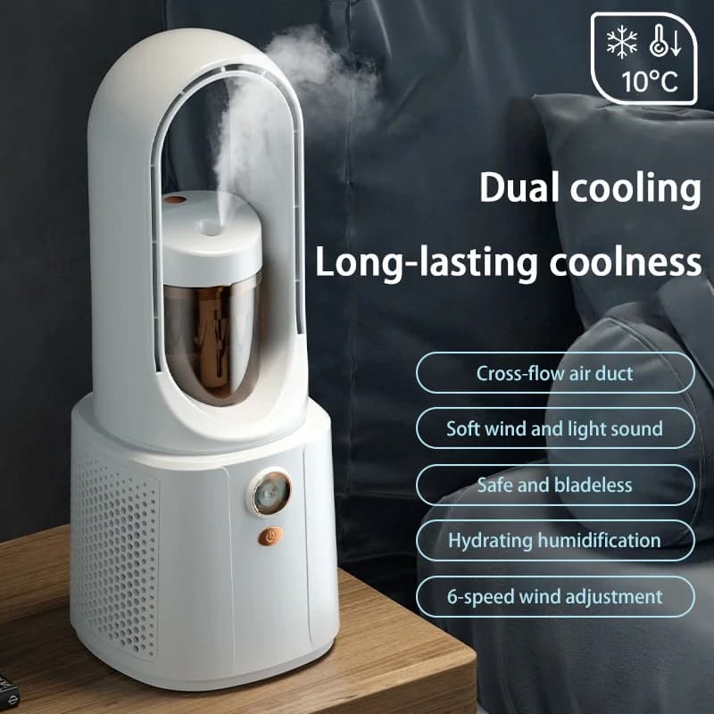 Umidificatore con ventola spray Ventilatore elettrico senza foglie da tavolo di refrigerazione 2 in 1 Ventilatore spray per camera da letto con aria condizionata domestica silenziosa