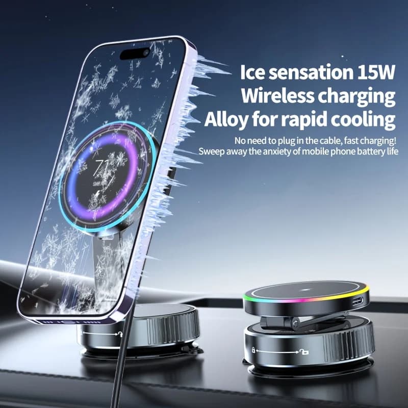 Caricatore Wireless Magnetico per Auto con Luce RGB e Supporto Telefono Girevole a 360° ° Supporto a ventosa rotante per ricarica rapida MagSafe iPhone 12-16