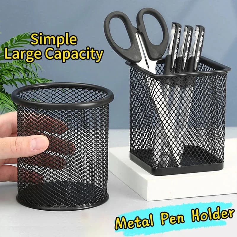 Multifunction Round/Square Pen Holder Office Desk Metal Mesh Pen Pot Cup Case Container Organiser Durable Pencil Case Stationery