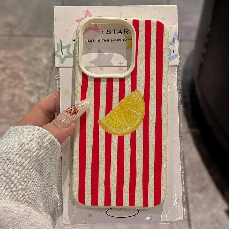 Custodia per telefono per iPhone 16 Pro Max 15 14 11 12 13 Pro XS Max 16E Cover Custodie antiscivolo antiurto con motivo litchi limone a strisce rosse