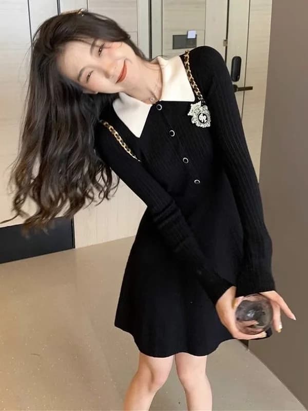 Autumn Winter New Style College Wind Doll Collar Knitted Dress Women Waist Inward Slimming Personality Sweater A-Line Short S...