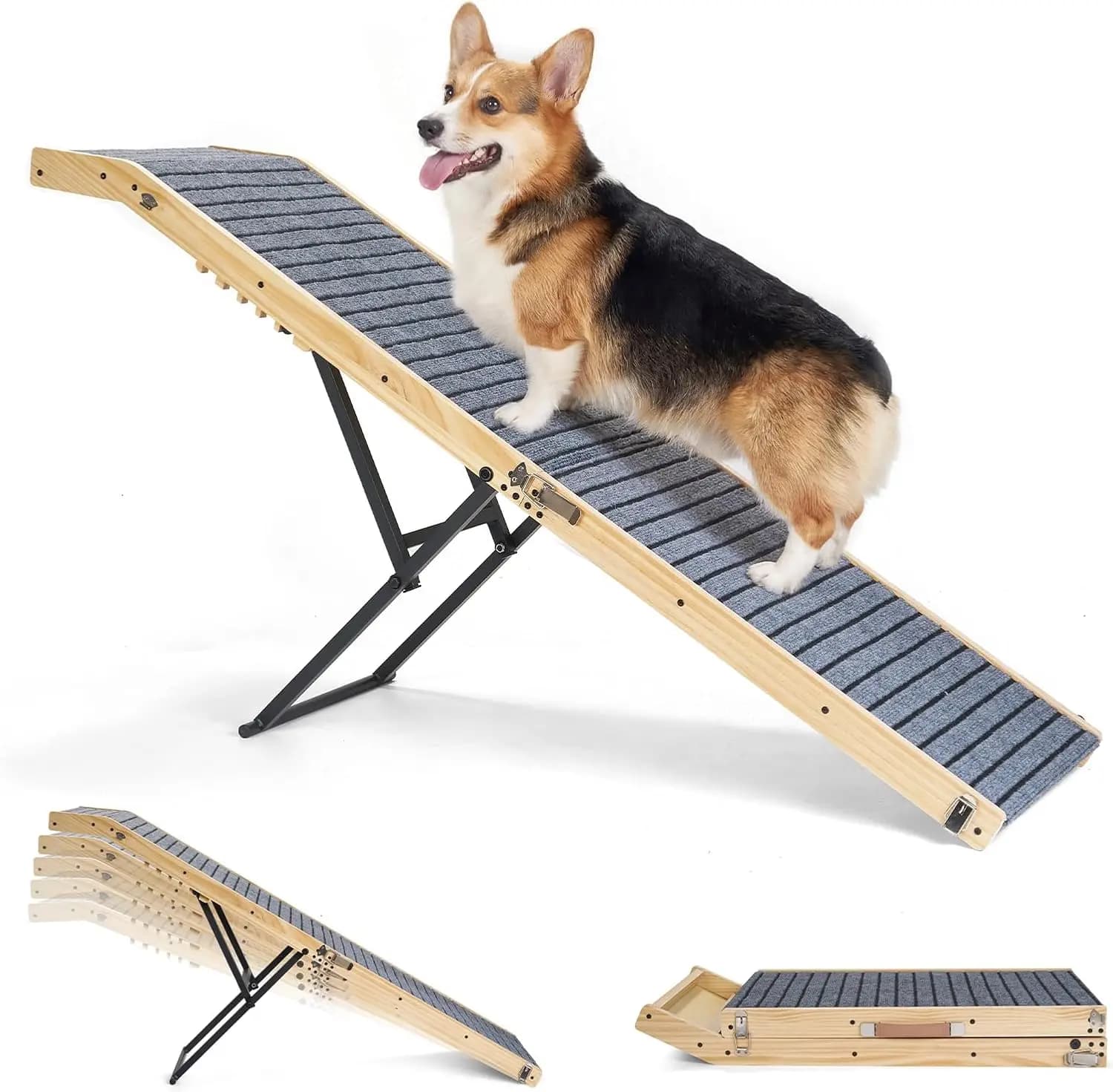 Rampa pieghevole per cani da 65 pollici per letto/divano, 5 altezze regolabili da 20 a 31 pollici, rampa antiscivolo in legno per animali domestici fino a 220 libbre