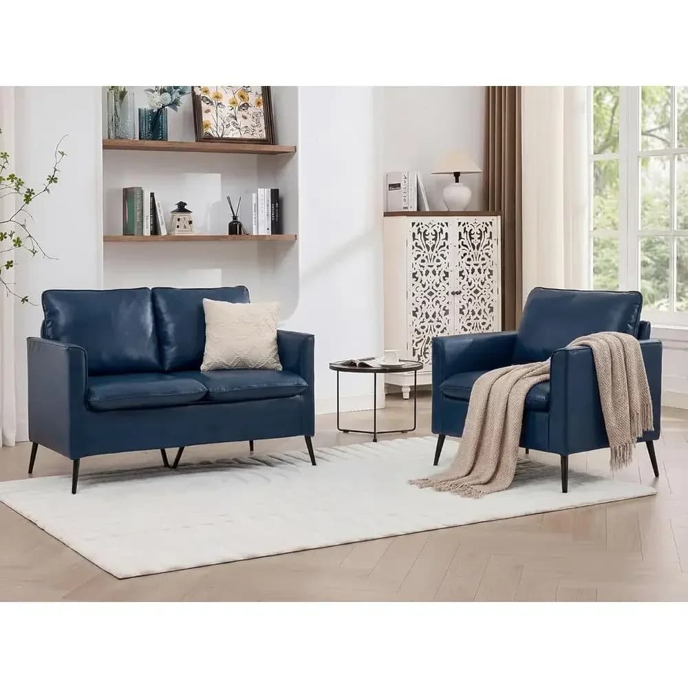 Mid-Century Modern Loveseat Sofa and Accent Chair Set with 2 Pillows, Comfortable Couch and Chair for Small Spaces, 2-Piece Livi