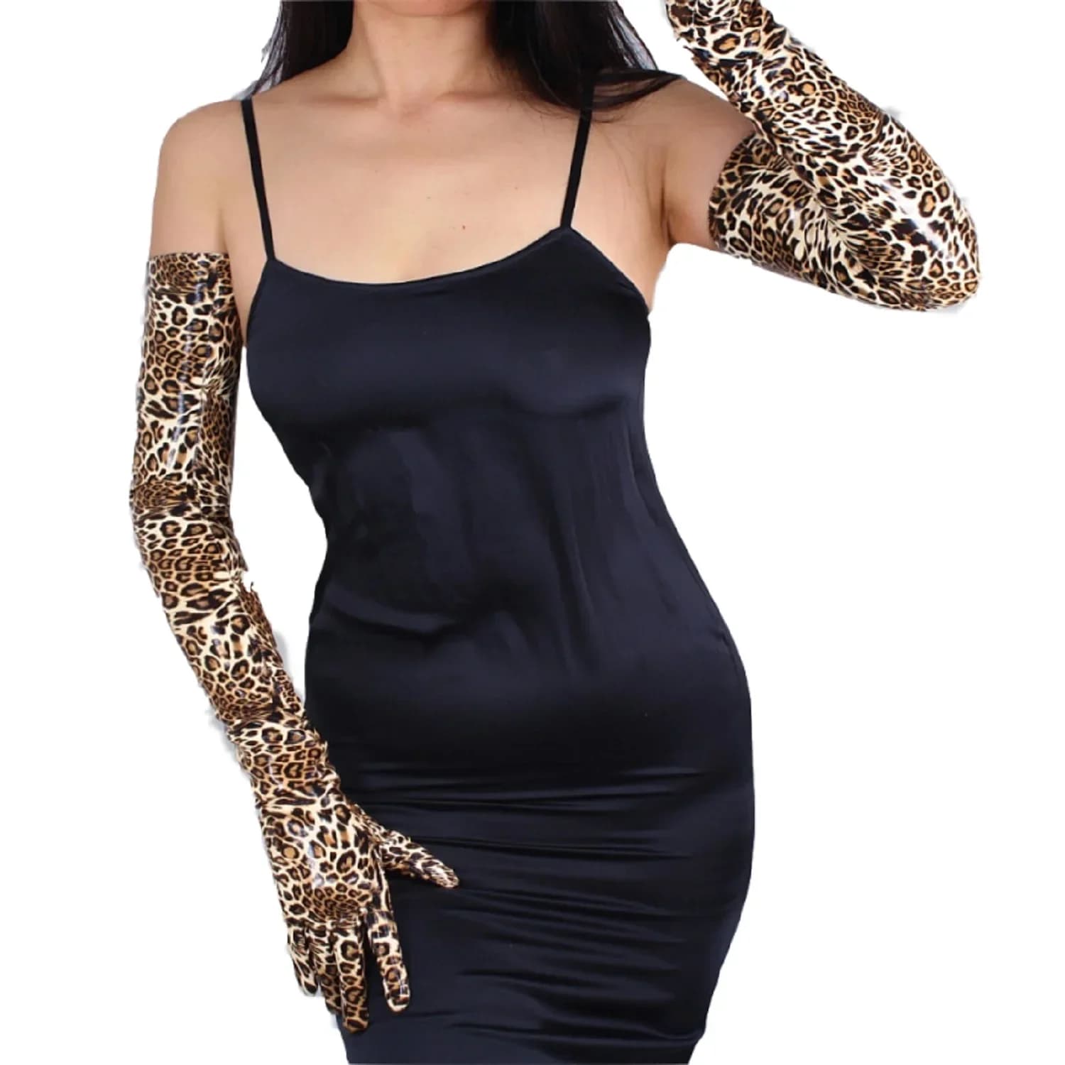 DooWay Guanti leopardati marroni Shine Latex Stampa animalier Ecopelle 70 cm Lunghi Opera Evening Fashion Club Guanto per costume di Halloween