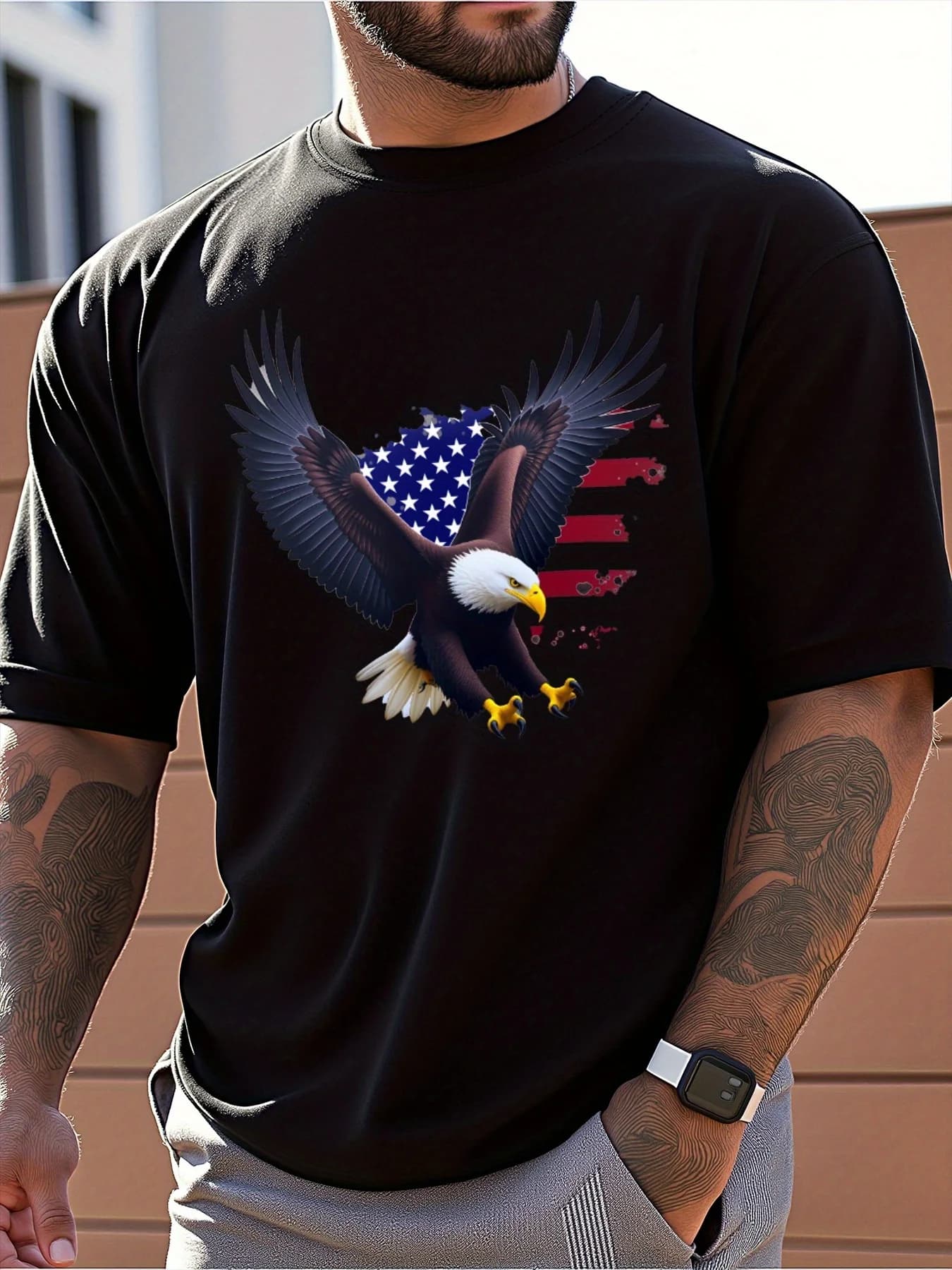 T-shirt da uomo con stampa dell'aquila patriottica - Design bandiera americana, manica corta casual blu navy