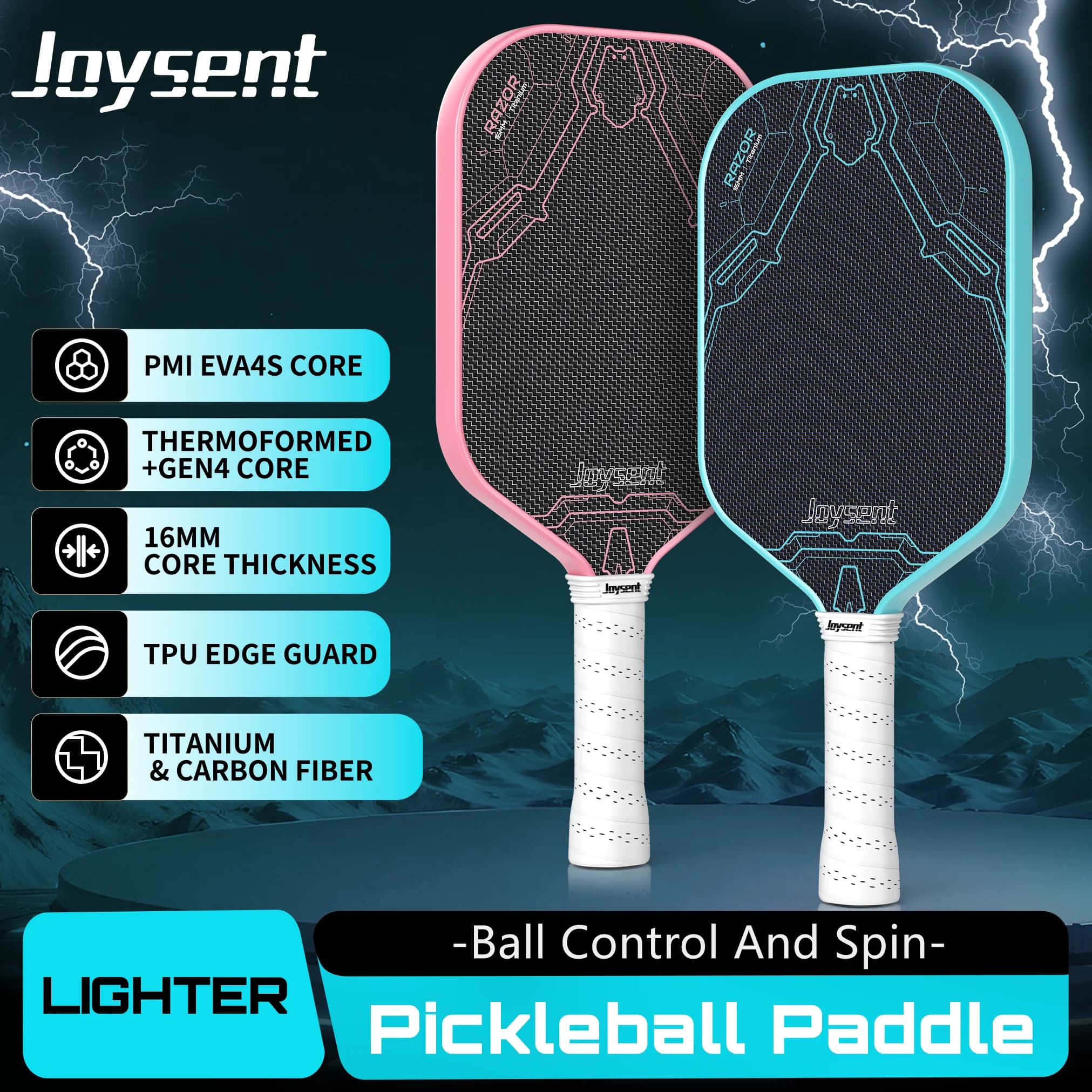Racchetta da Pickleball Joysent con Superficie in Fibra di Carbonio e Titanio per Spin e Controllo, Nucleo PMI Gen4 da 16mm Termoformato