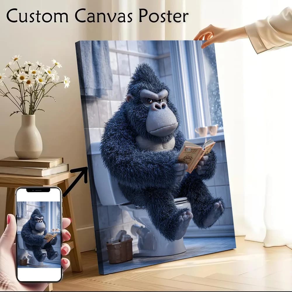 Gorilla Reading on Toilet Canvas Wall Art Poster Personalized Photo Printing Perfect Gift for Modern Home Decorations Bedroom