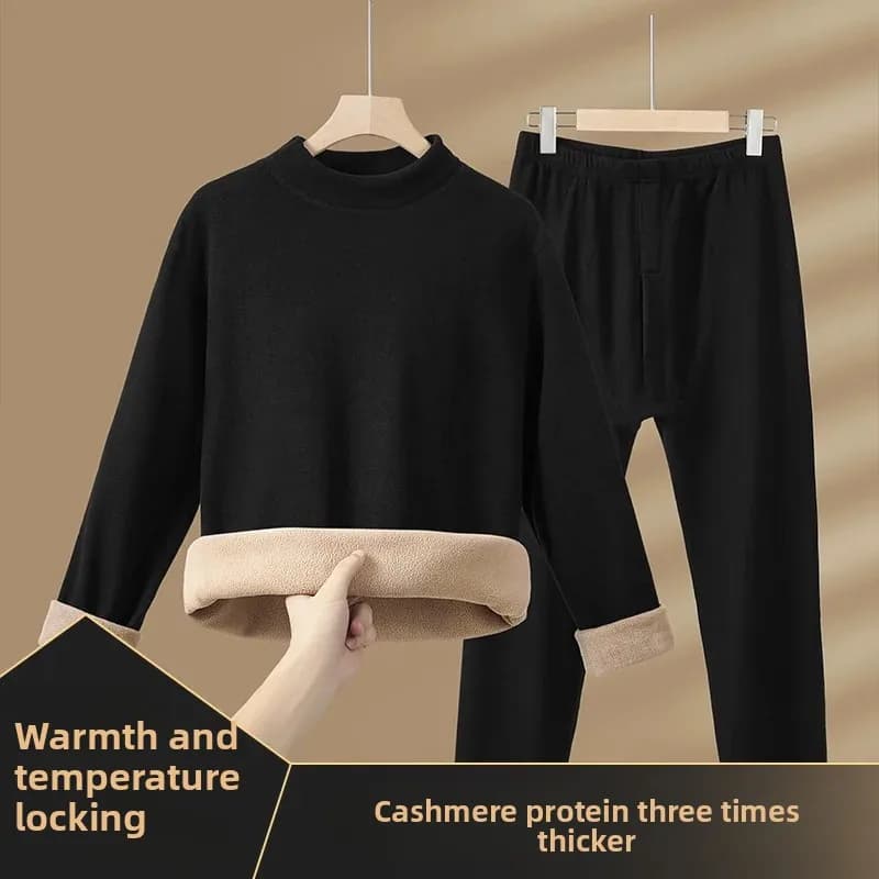 Set di biancheria intima termica da uomo in lana di cammello, collo medio, foderato in pile, mutandoni invernali addensati, indossabili all'aperto, protezione dal freddo