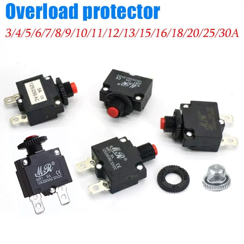 5 pieces automatic circuit breaker protection fuse overload 10A 12A 15A 18A 20A 25A 30A 3A 4A 5A 8A restoreable 220V with waterproof hood