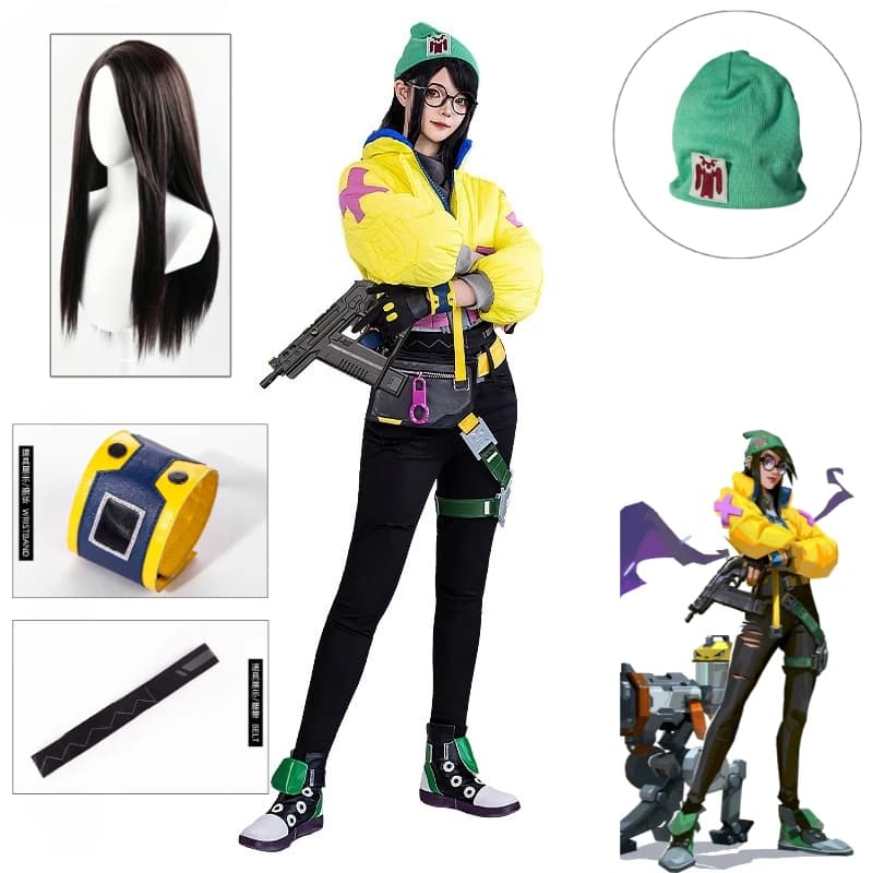 Valorant Killjoy Cosplay Costume Full Set Yellow Techwear Jacket Cargo Pants Belt Glasses For Women Halloween