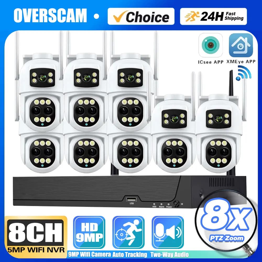 Overscam Sistema CCTV wireless Kit telecamera WiFi Telecamera IP da 9 MP con zoom PTZ 8X Audio di sicurezza Set di videosorveglianza NVR 8CH ICsee