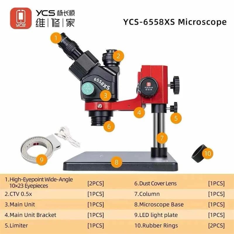Microscopio stereo binoculare con zoom YCS 6558XS 6.5X-58X con luce a LED per riparazione saldatura PCB per telefoni cellulari