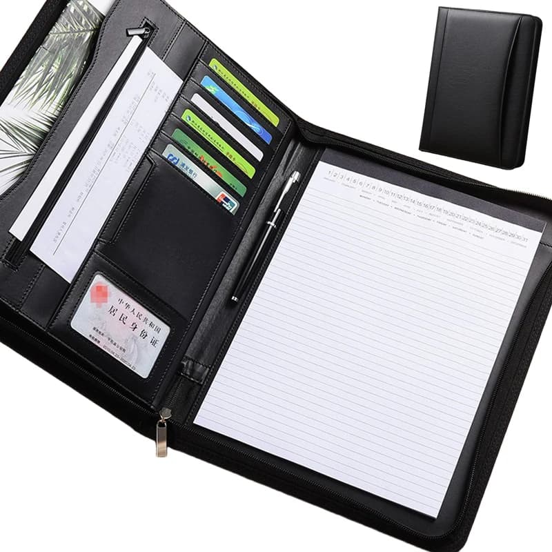 Cartella portfolio per conferenze multifunzionale in pelle nera A4, organizer per documenti con cerniera, valigetta direzionale per uso in ufficio