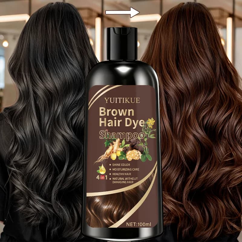 YUITIKUE Shampoo coloring for brown hair 100 ml - Plant formula 4 in 1, covers gray hair with natural color, easy and without damage