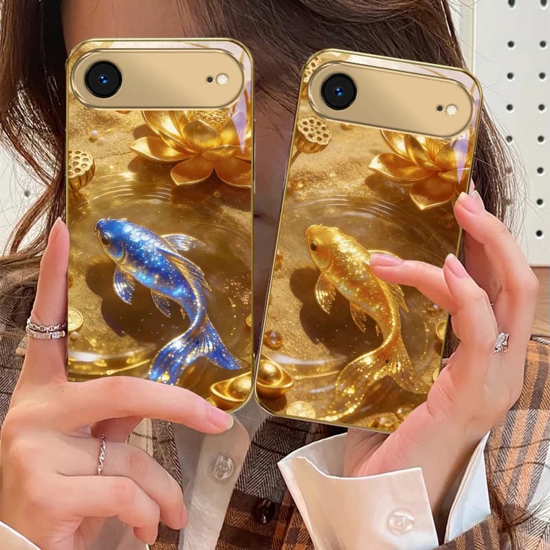 Golden glass phone case with koi pattern golden powder for iPhone 17Pro Max 16 17 Pro 15 Pro 14 13 Plus 12 Mini 11Pro Max XR 16E 17Air