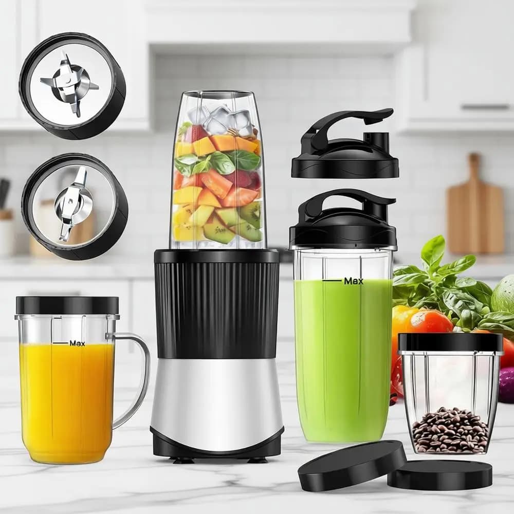 Set Frullatore e Tritatutto 16 Pezzi, per Frullati, Smoothie, Bevande Congelate, Alimenti per Bambini, Creme Spalmabili, 4 Bicchieri Portatili Senza BPA, 900W