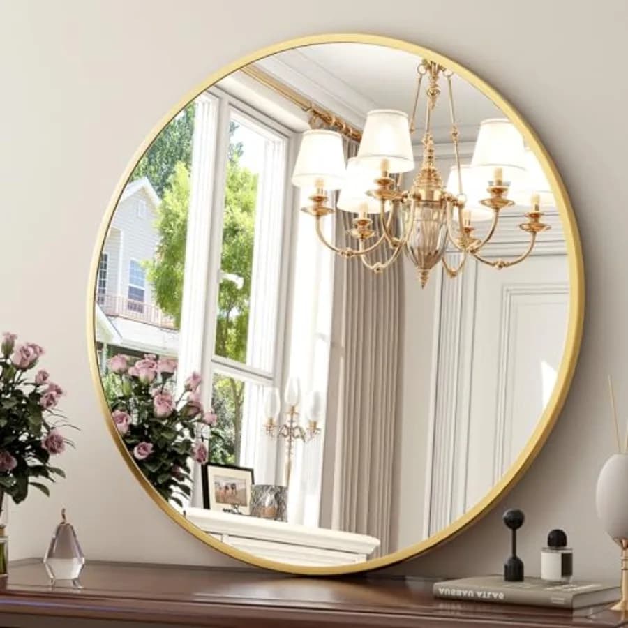 Specchio Rotondo da 30 Pollici - Specchi Circolari per Bagno, Ingresso e Soggiorno, Decorazione da Parete, Specchio da Toeletta Moderno Sospeso, Oro Opaco