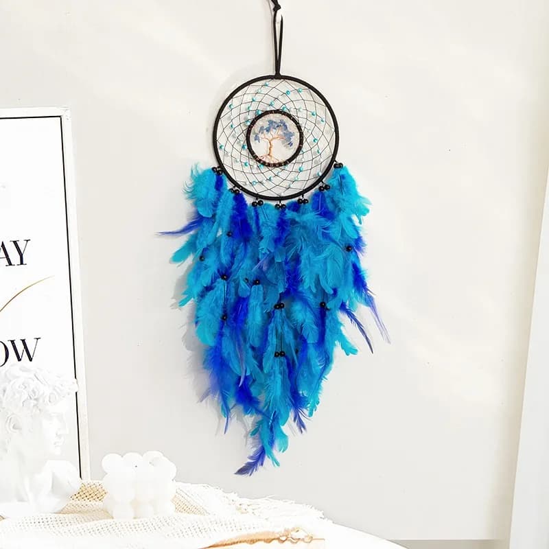 Crystal Tree Of Life Dream Catcher Blue Feathers Wind Chimes Window Hangings Home Decorations Door Pendants For Girls Party Gift