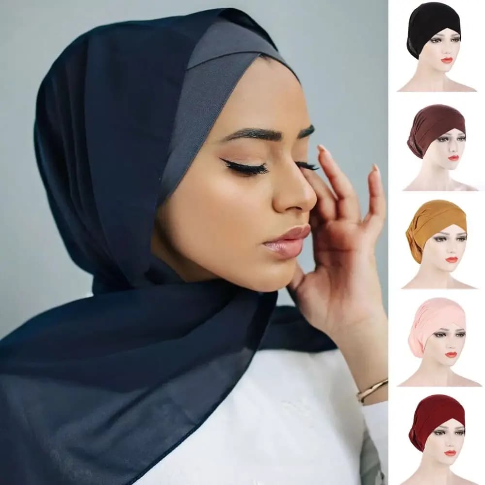 Comfortable Fit Solid Color Inner Cap Cotton Jersey Under Scarf Caps Elastic Breathable Scarf Caps for Women
