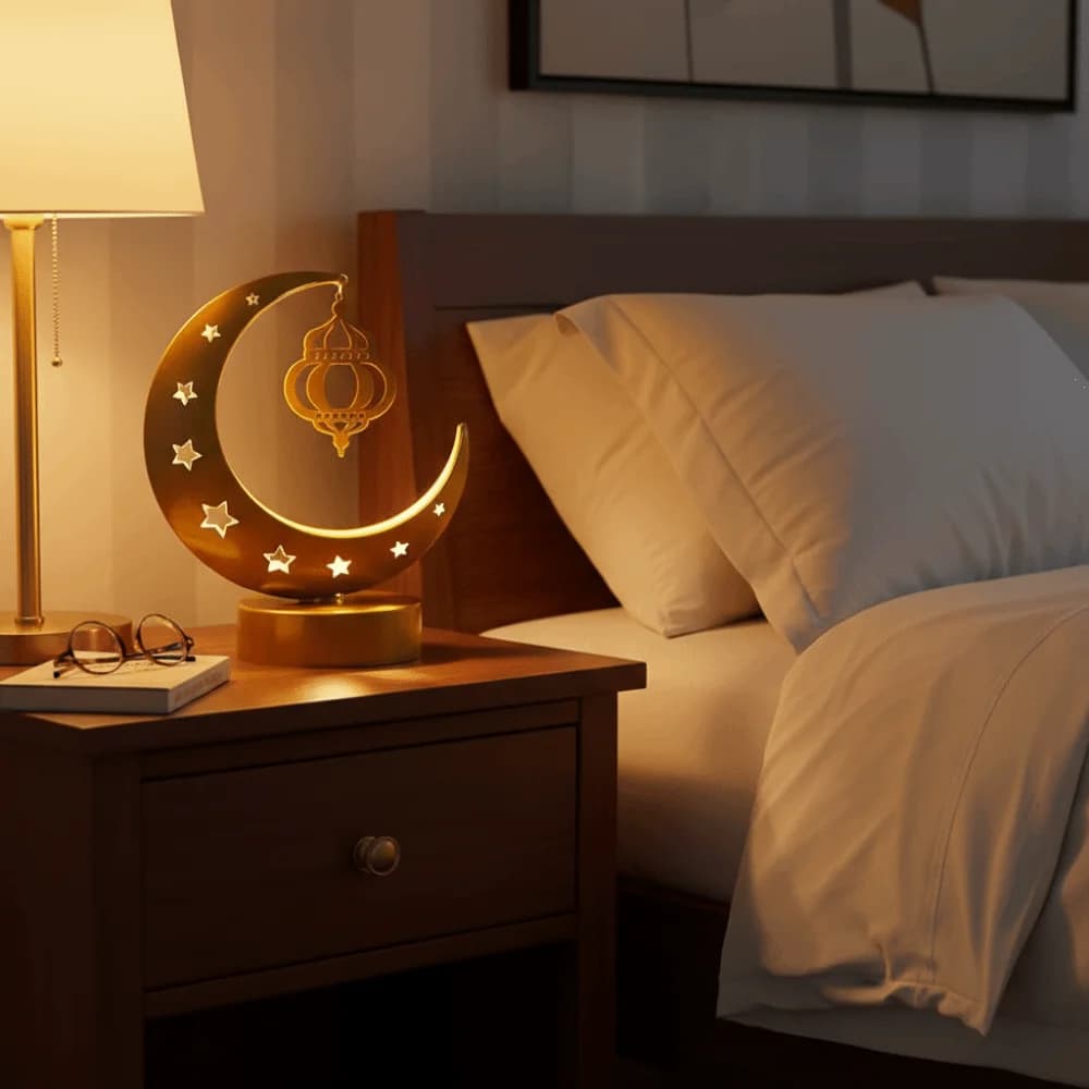 Lampada da Tavolo in Metallo con Design Artistico Ramadan, in Ferro Battuto Dorato, a Forma di Luna, Luce LED Morbida a Forma di Mezzaluna e Stella