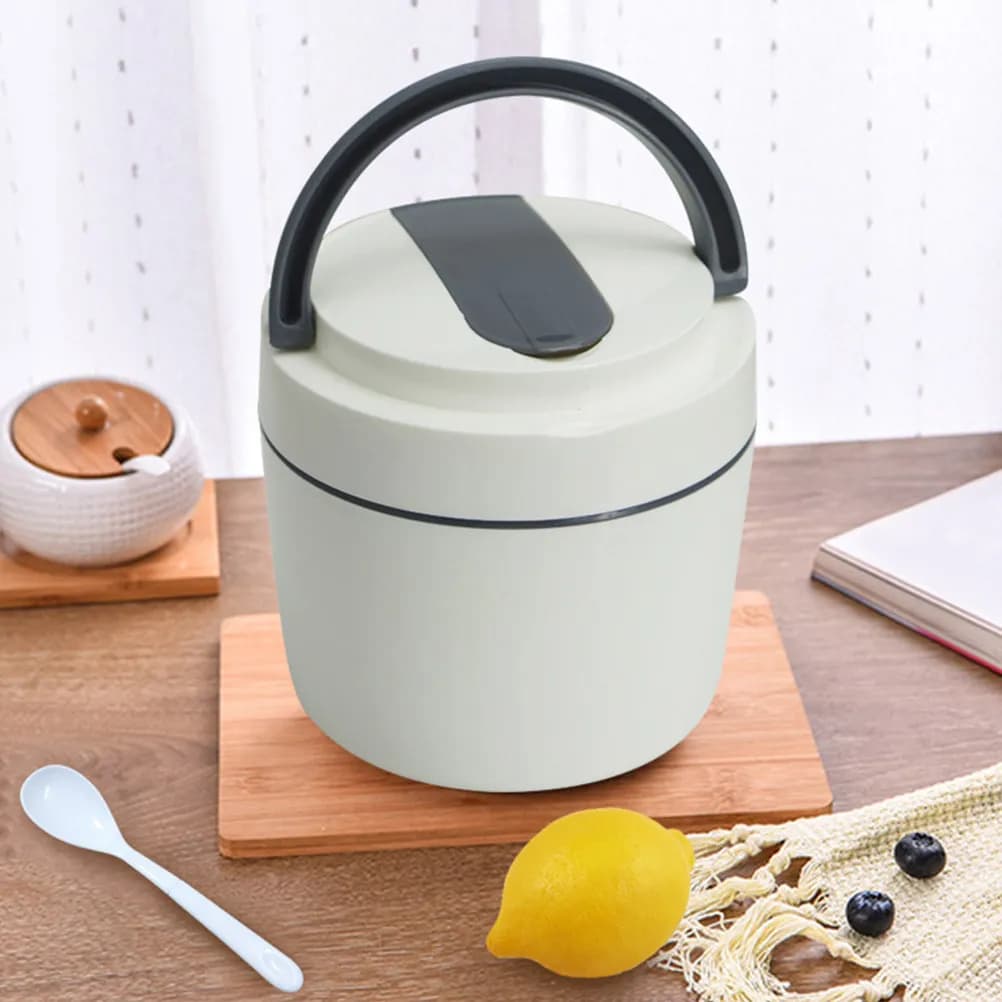Contenitore per il pranzo a doppio strato, adatto al microonde, con coperchio e cucchiaio integrati, per ufficio e scuola.