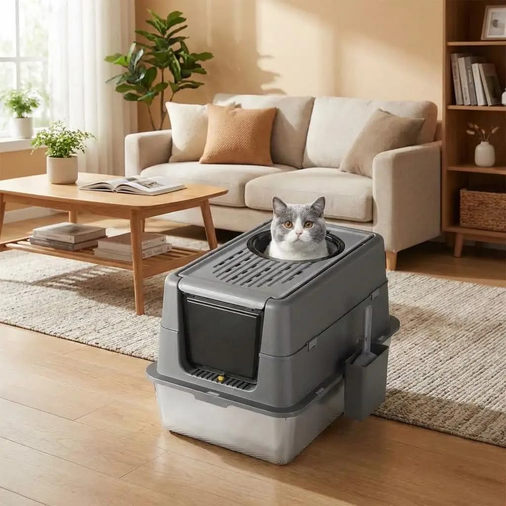 Lettiera per Gatti Extra Large in Acciaio Inossidabile, Vassoio Chiuso con Bordi Alti e Coperchio Ribaltabile, con Paletta per Lettiera, Toilette per Gatti