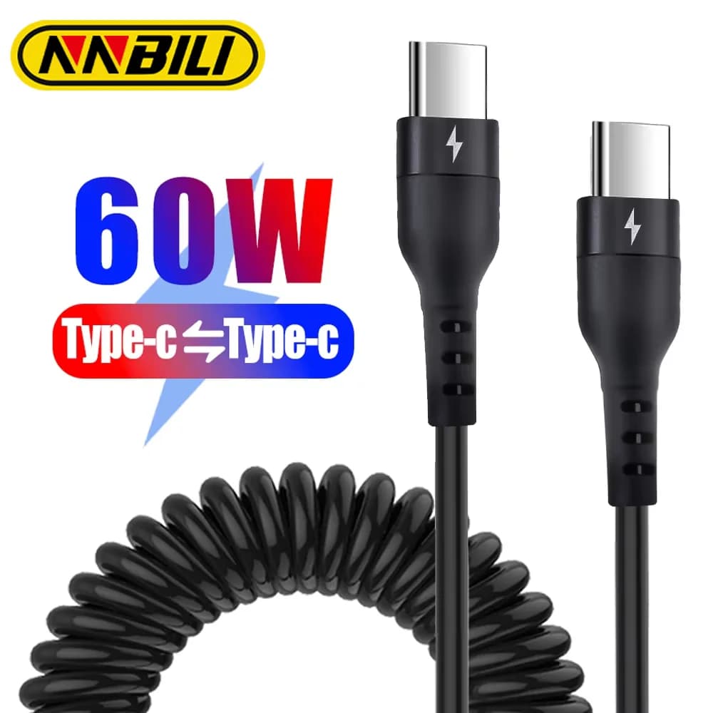 NNBILI 60W C-C Fast Charging Cable 5A Spring Telescopic Car Charger Cable High Speed Charging Data Cable Phone Accessories