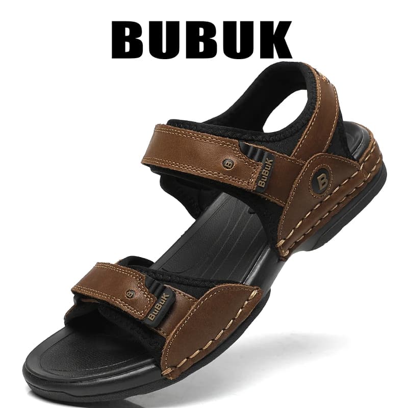 Bubuk Summer Men's Genuine Leather Sandals, Fashionable Outdoor Beach Sandals, Adjustable Velcro Straps, First Layer Cowhide Upper, Suitable for Indoor and Outdoor Wear, Travel and Work Wear