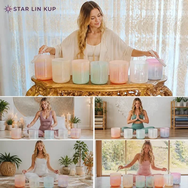STAR LIN KUP 7 Chakra Crystal Singing Bowl Set Candy Peach Color Alchemy Sound Healing Meditation Yoga Harmony Instrument