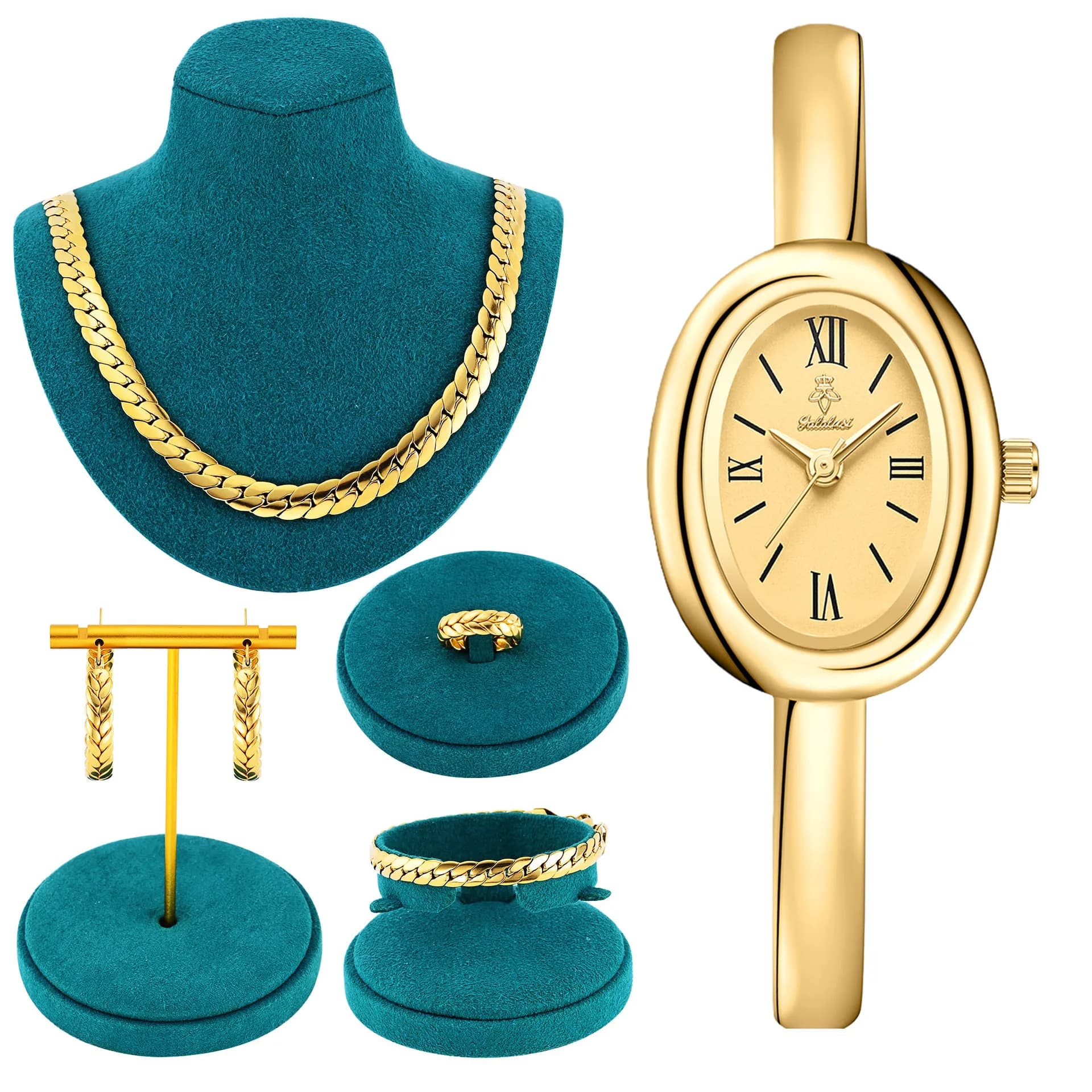 New Necklace, Watch, Bracelet Gift Box Set, Complete Set Of Gold Jewelry, High-End Luxury Women'S Watch, Perfect Gift For Women.