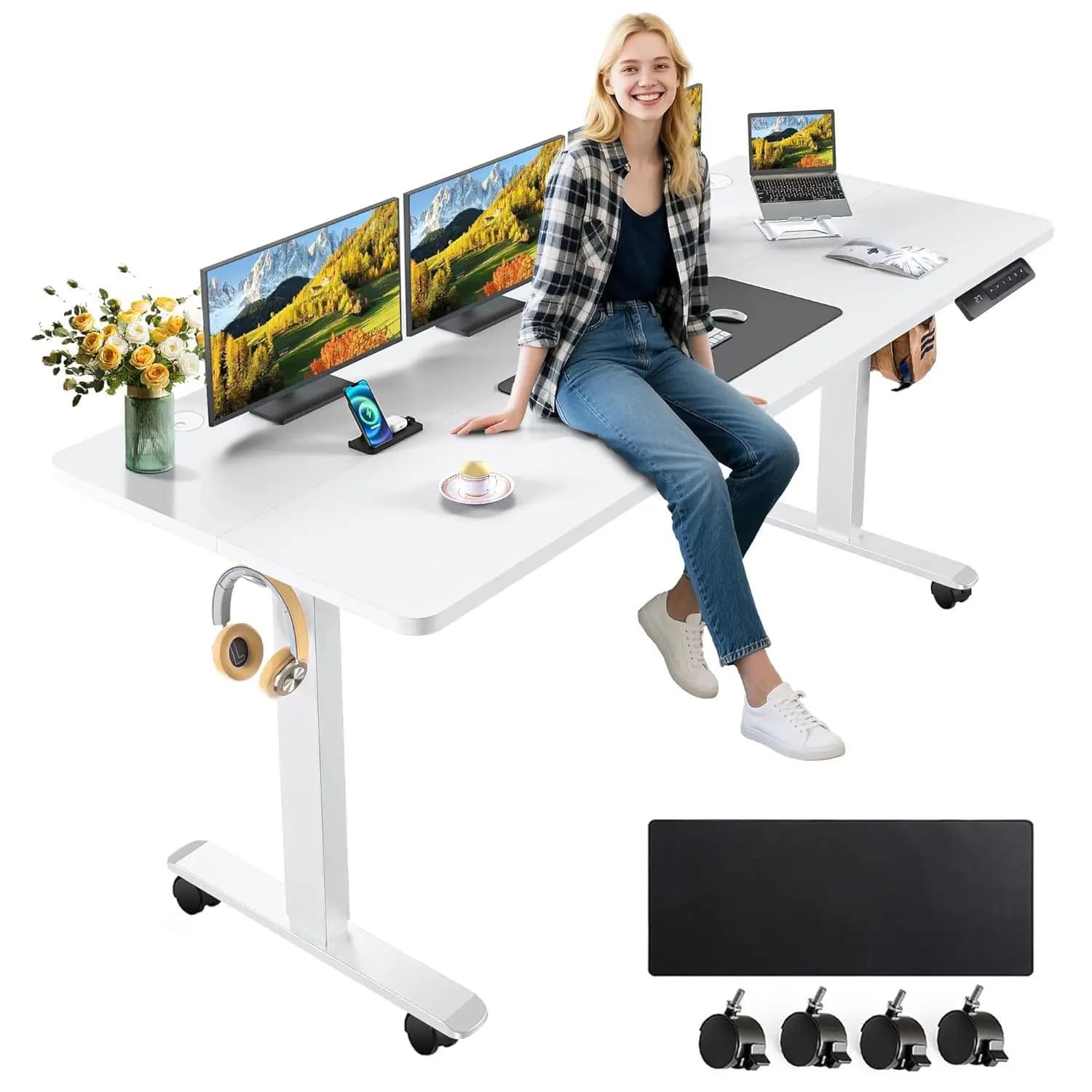 Scrivania Regolabile in Altezza 63x24 con Ruote, Tappetino Mouse e Postazione Computer per Casa, Ufficio e Gaming, Personalizzabile