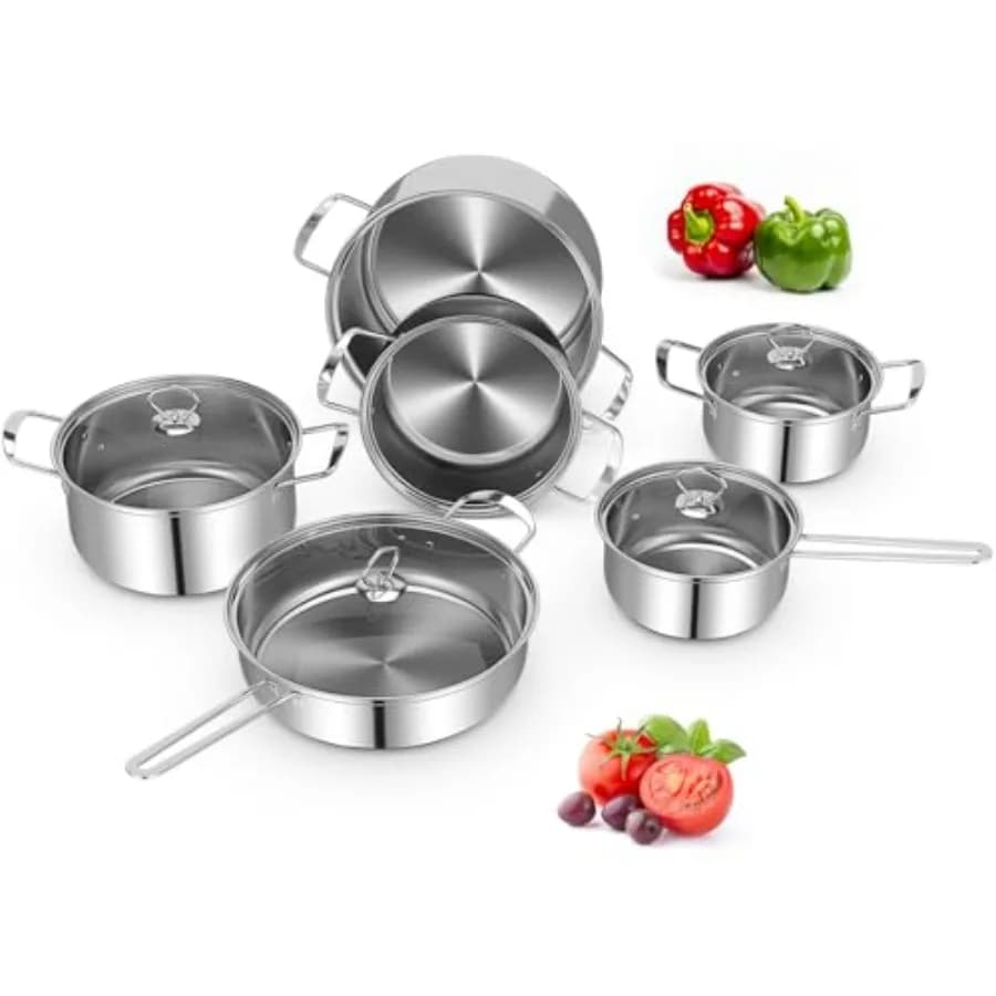 Set of 12-piece stainless steel pots, set of pots and pans with pans, pans, casserole, 6 glass covers, induction compatible