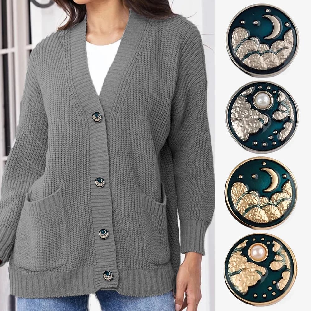 Set di 10, bellissimi bottoni in metallo con perle intarsiate dal design sole e luna, forniture per cucire, bottoni rotondi per abiti cardigan maglione cappotto