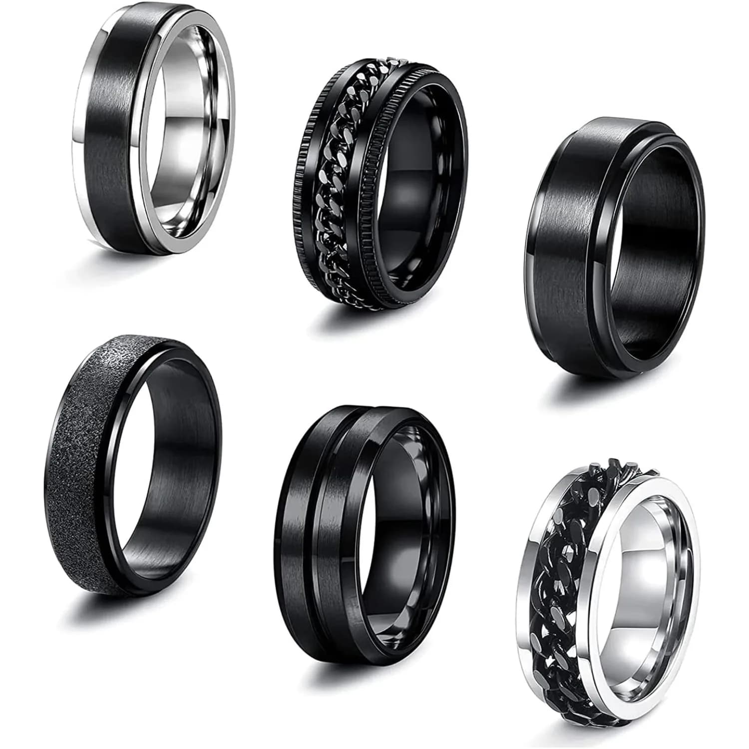 Bobisty 6 pezzi anelli spinner neri per uomo donna acciaio inossidabile agitarsi ansia antistress set di anelli fedi nuziali Size7-13