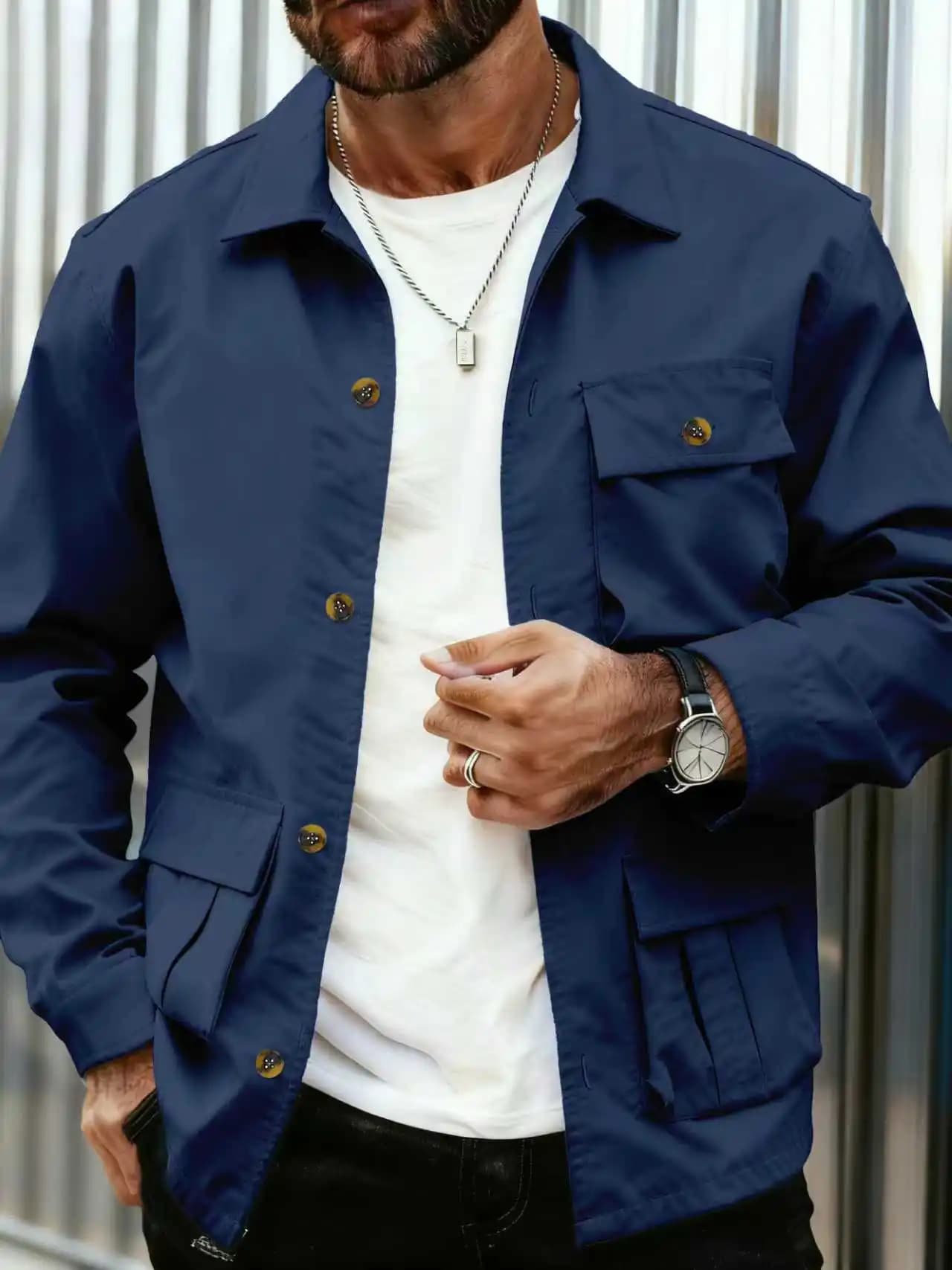 Men's Spring Autumn Workwear Jacket with Multiple Pockets Casual Pilot Open Cardigan Button Large Pocket Outerwear