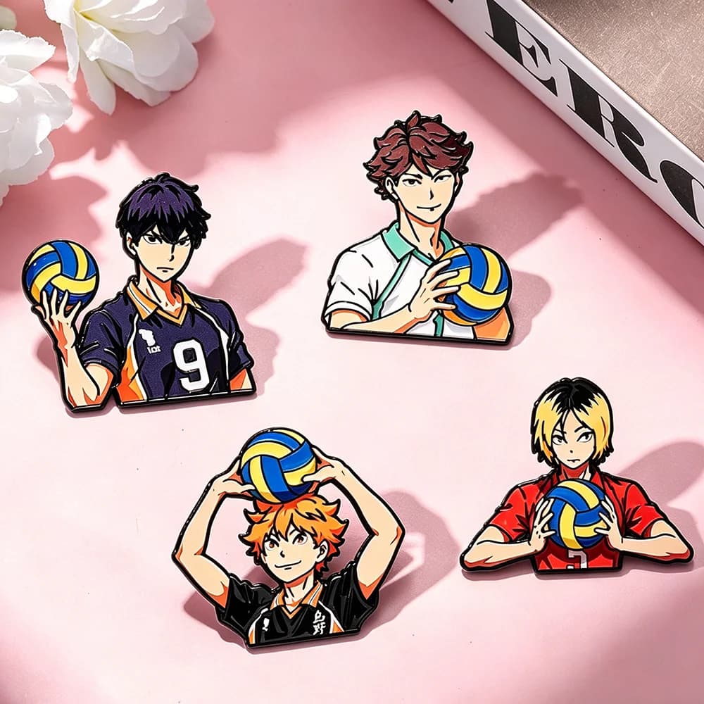 Set di 4 spille smaltate a tema Haikyuu, simpatiche spille a forma di ragazzo pallavolistico, spille anime cartoon per donna, distintivi da risvolto alla moda, regalo per amici