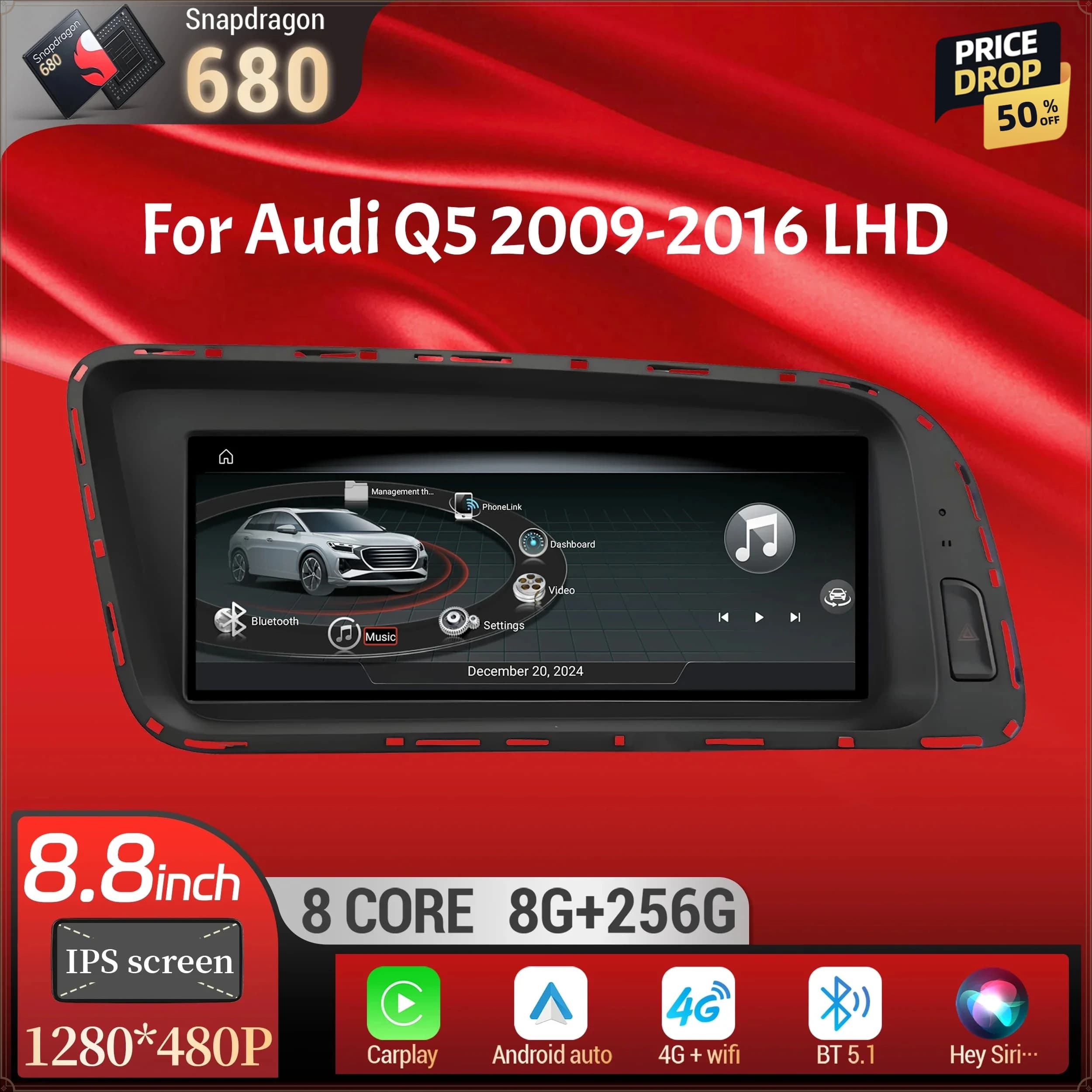 8.8 inch For Audi Q5 2009-2016 Left Hand Drive Android 14 Car Radio Wireless BT Carplay Qualcomm Snapdragon 680 Head Unit Screen