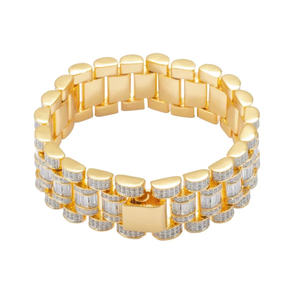 VANAXIN 18mm Watch Band Link Chain Bracelet for Men Women 18k Gold Plated Wristbands Cubic Zirconia Hip Hop Rapper Jewelry