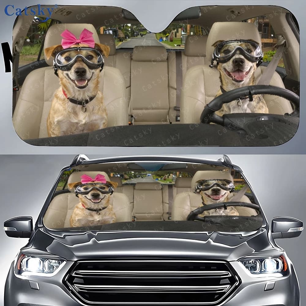 Two Dogs Wearing Goggles Sitting In The Back Seat Of A Car Car Auto Sunshades Car Sunshade, Front Window Sun Cover For Car, Auto