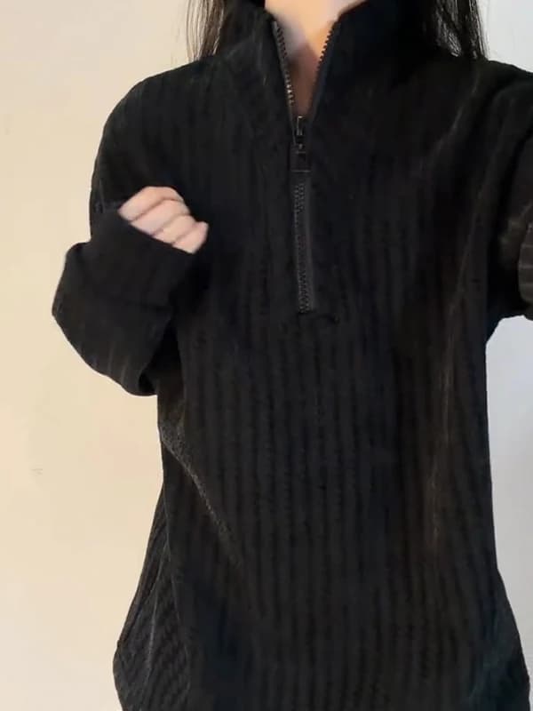 Felpa con cappuccio nera con mezza zip, pesante, a maniche lunghe, con collo alto, unisex, primavera autunno, motivo a spina di pesce vintage, maglia base...