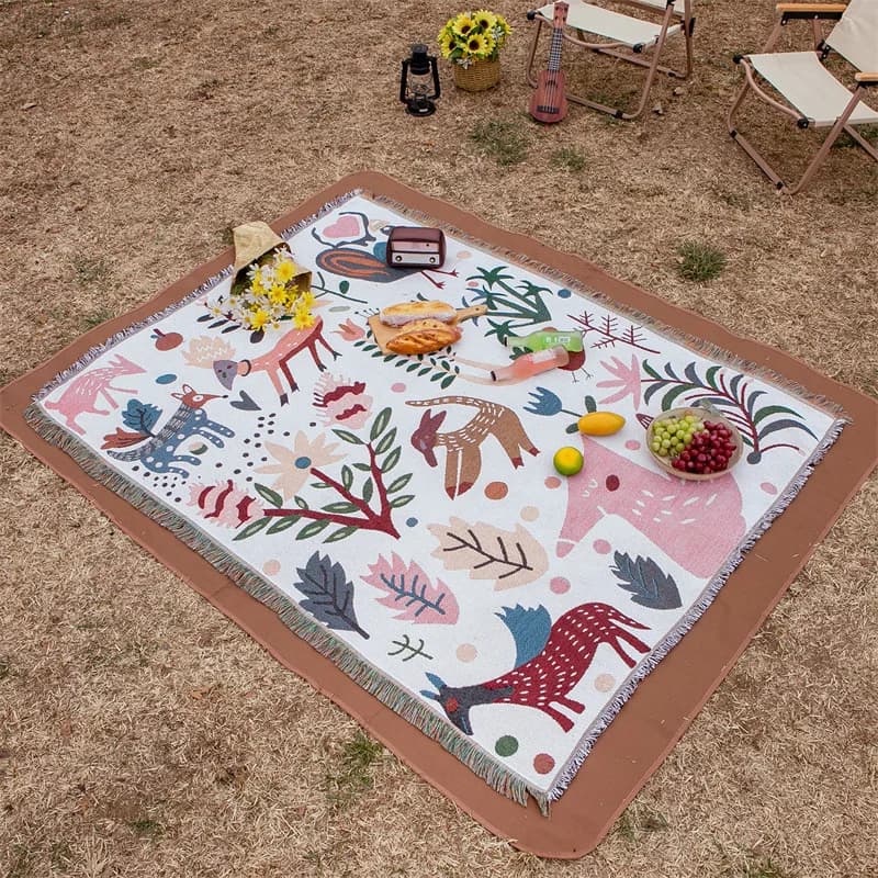 Coperta da campeggio e picnic spessa con animali della foresta nordica, coperta multiuso in jacquard intrecciato con nappe, tappeto da campeggio per famiglia