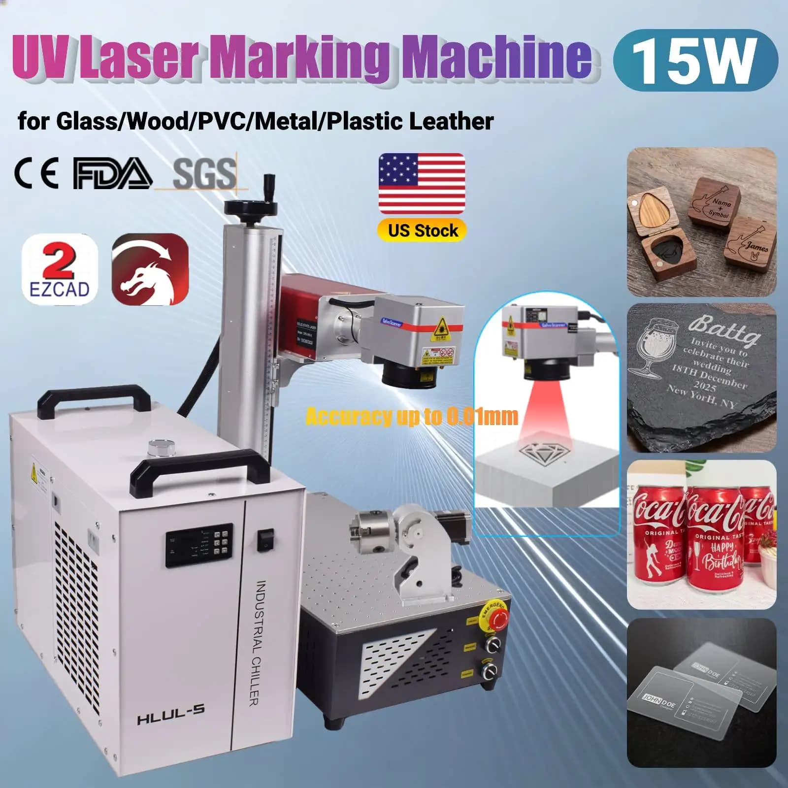 Macchina per Marcatura Laser UV CRS 15W, Incisore Laser Professionale ad Alta Precisione per Vetro/Legno/PVC/Metallo/Plastica/Pelle