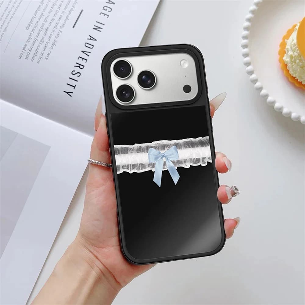 Simple Ribbon Bow Black Mirror Surface Magnetic Phone Case Cover for IPhone 13 14 15 16 17 Pro Max Case for IPhone Air