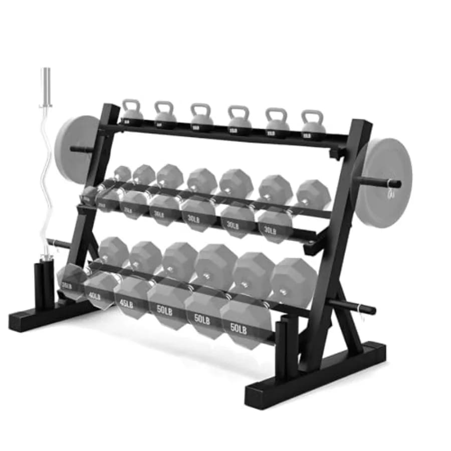 Porta Manubri Regolabile a 3 Livelli con Supporto Laterale per Pesi, Organizzatore Multifunzione per Palestra Domestica per Manubri, Kettlebell e Bilancieri