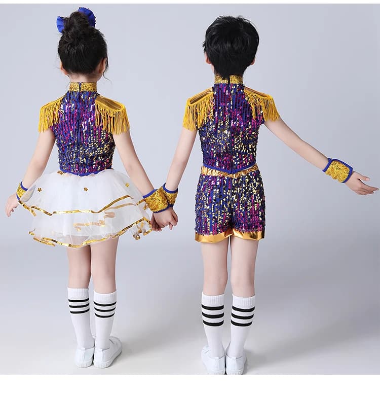Completo da ballo moderno per bambini 2026, set di abbigliamento da jazz con paillettes per ragazze e ragazzi, vestito da ballo per bambini, costume da palcoscenico, abito da cheerleader