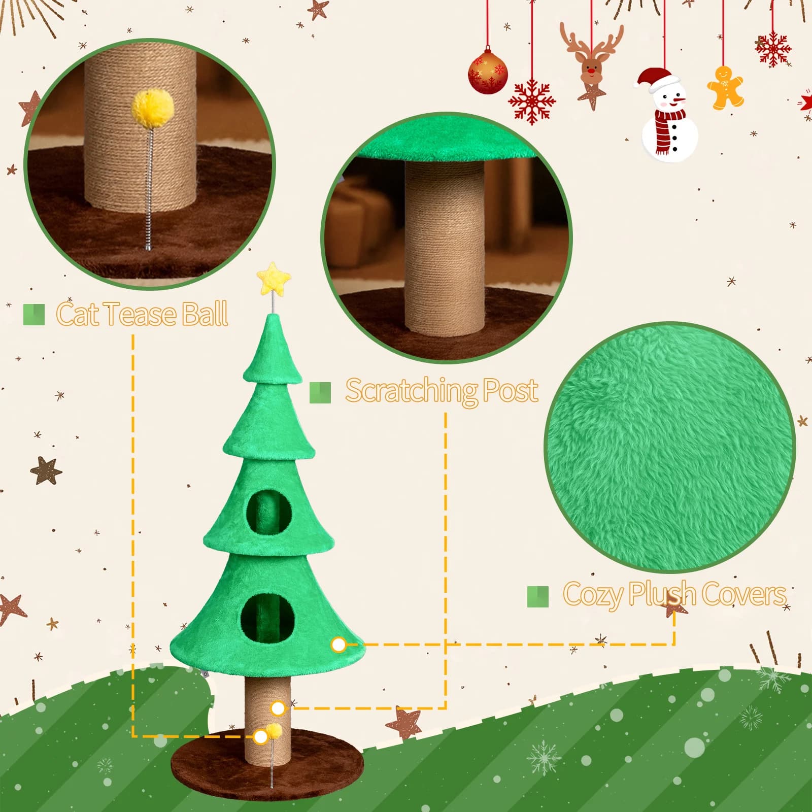 Albero di Natale per Gatti Grande e Alto 150 cm con 2 Cucce e Tiragraffi, Albero per Gatti in Morbido Pile con Giocattolo Teaser e Base Robusta
