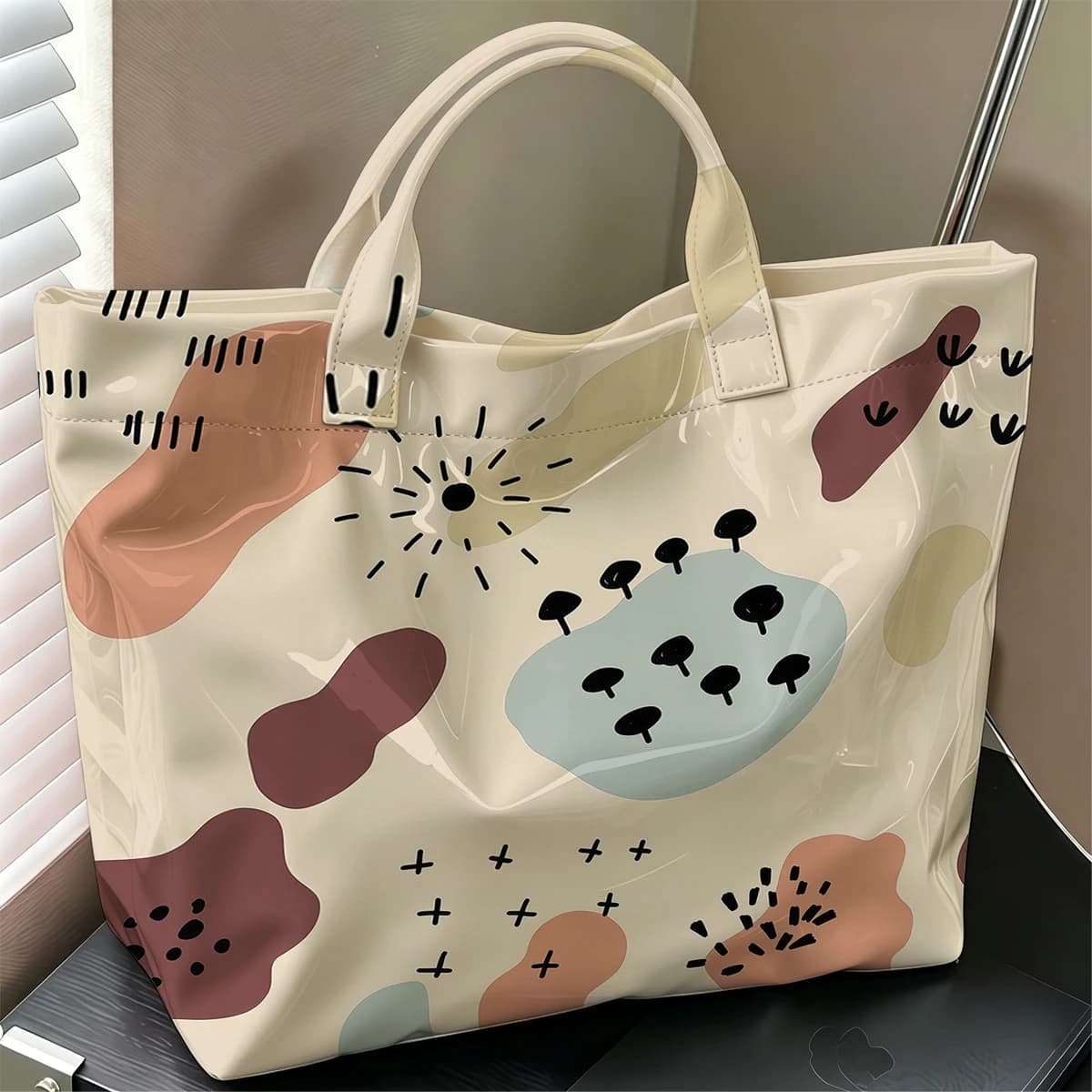 Boho Blob Shapes Fashion Large Glossy PVC Tote Bag Hand Washable Waterproof Perfect Travel Commute Cosmetic Storage Shopper