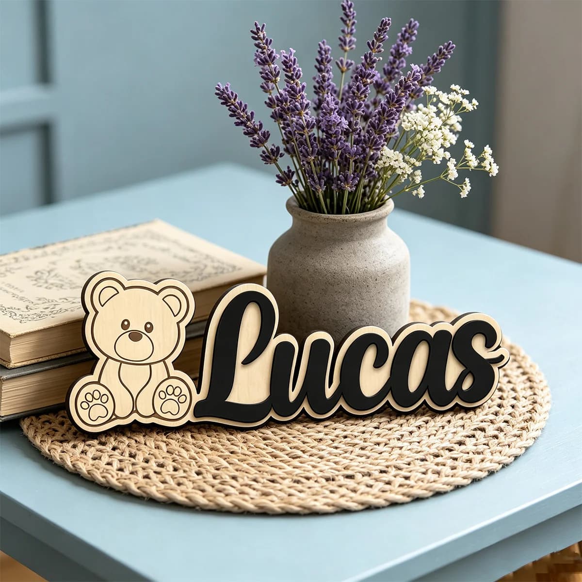 1pc double-layer wooden surname brand, teddy bear pattern, personalized children's room decoration, baby name identification